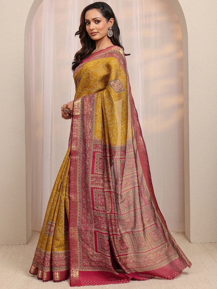 Mustard Bandhani Printed Silk Blend Saree 
With Unstitched Blouse Piece