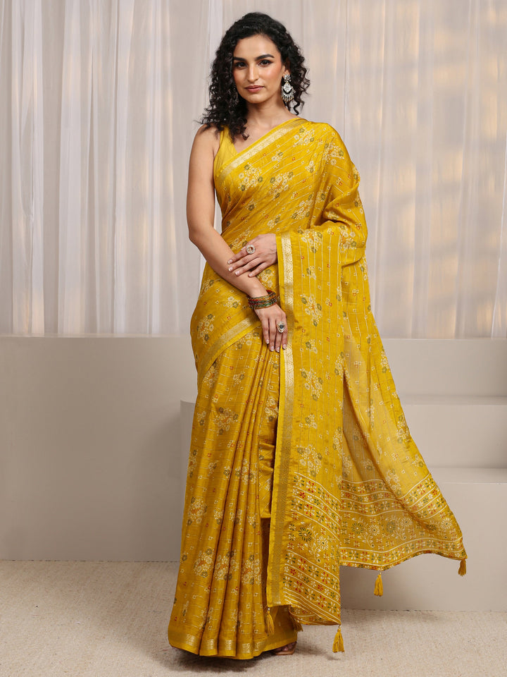 Mustard Floral Printed Silk Blend Saree 
With Unstitched Blouse Piece