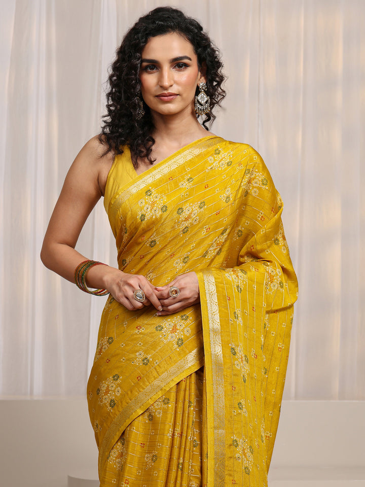 Mustard Floral Printed Silk Blend Saree 
With Unstitched Blouse Piece
