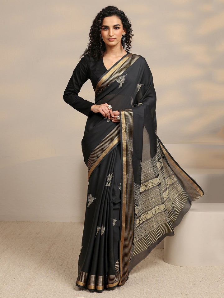 Black Quirky Printed Silk Blend Saree 
With Unstitched Blouse Piece
