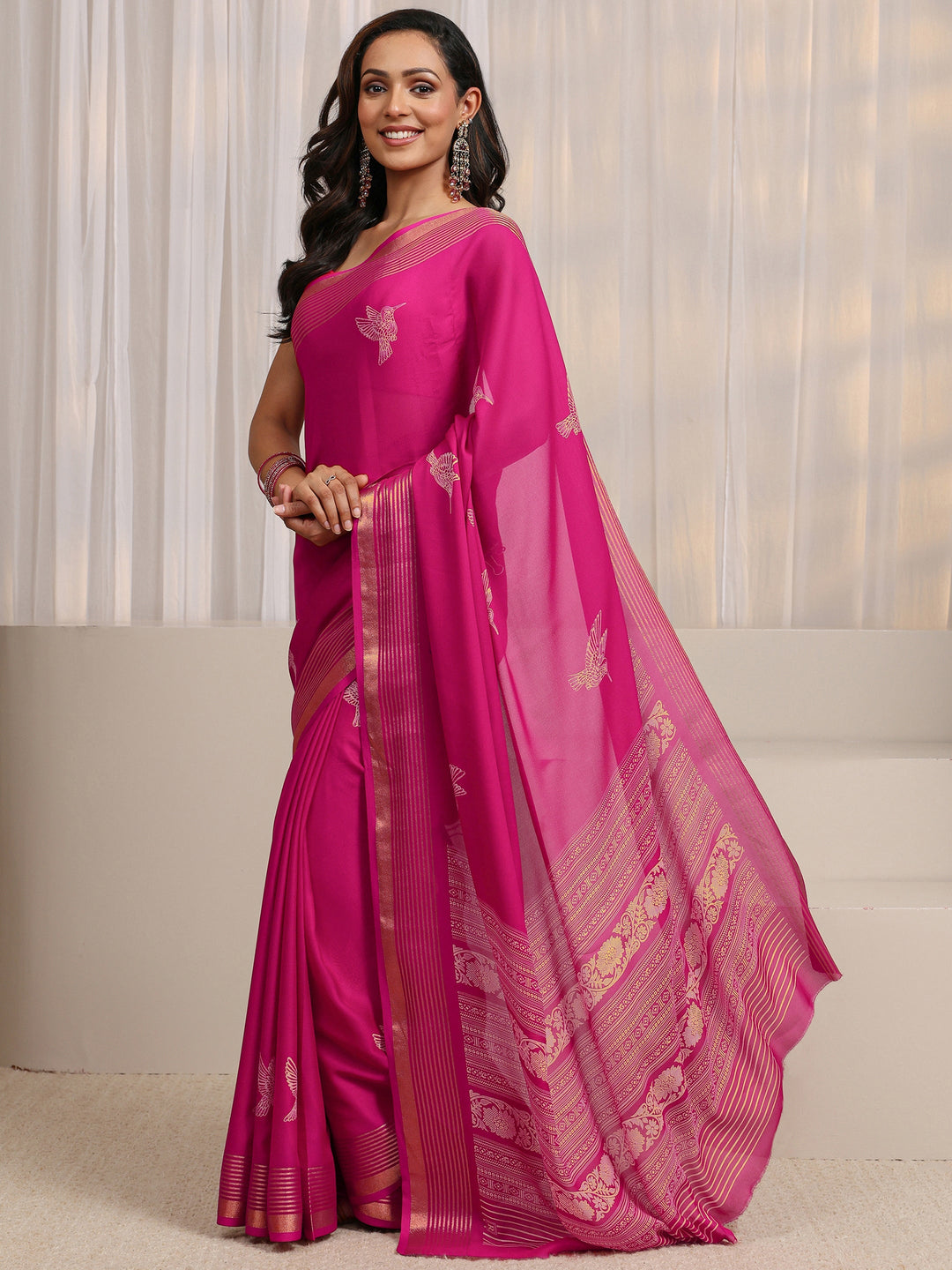 Pink Quirky Printed Silk Blend Saree 
With Unstitched Blouse Piece