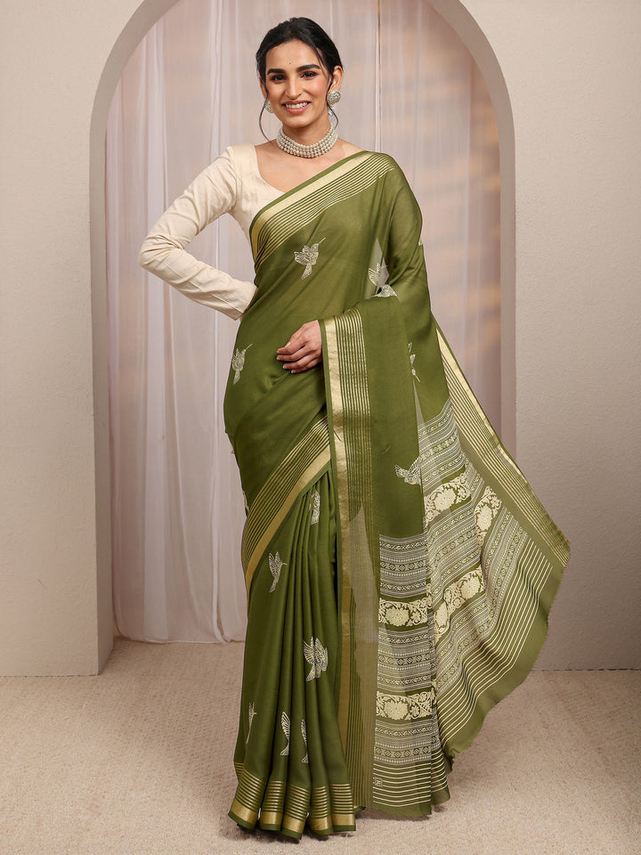 Olive Animal Printed Silk Blend Saree With Unstitched Blouse Piece