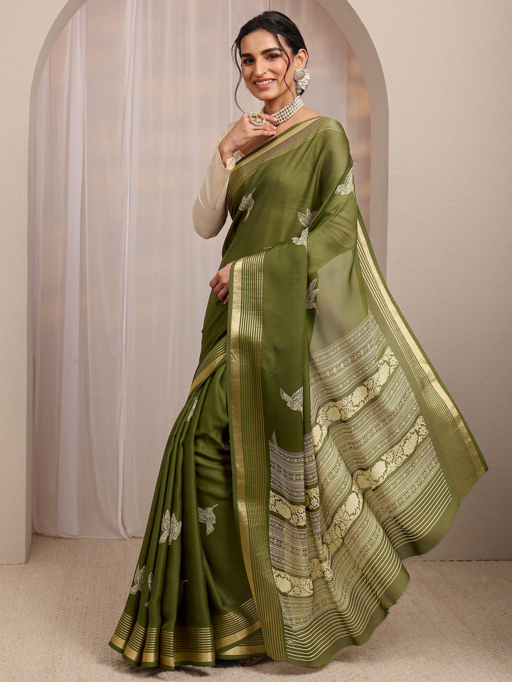Olive Animal Printed Silk Blend Saree With Unstitched Blouse Piece