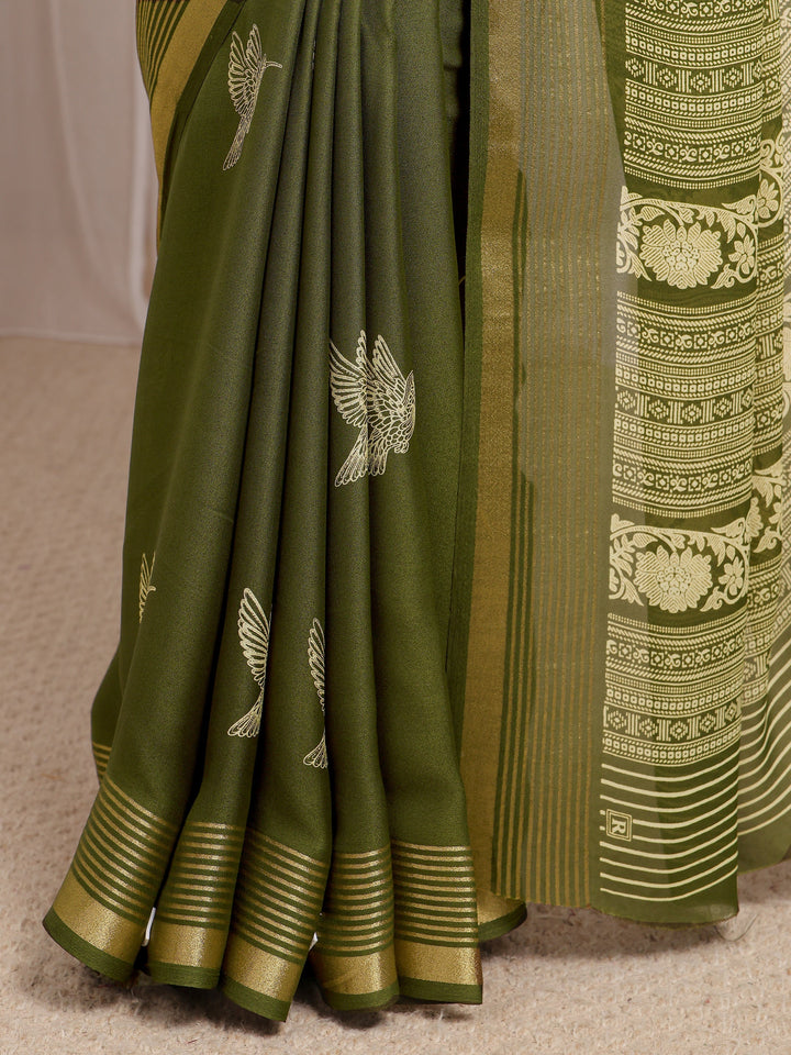 Olive Animal Printed Silk Blend Saree With Unstitched Blouse Piece