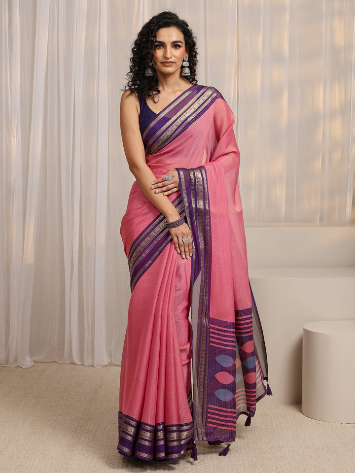 Pink Printed Silk Blend Saree 
With Unstitched Blouse Piece