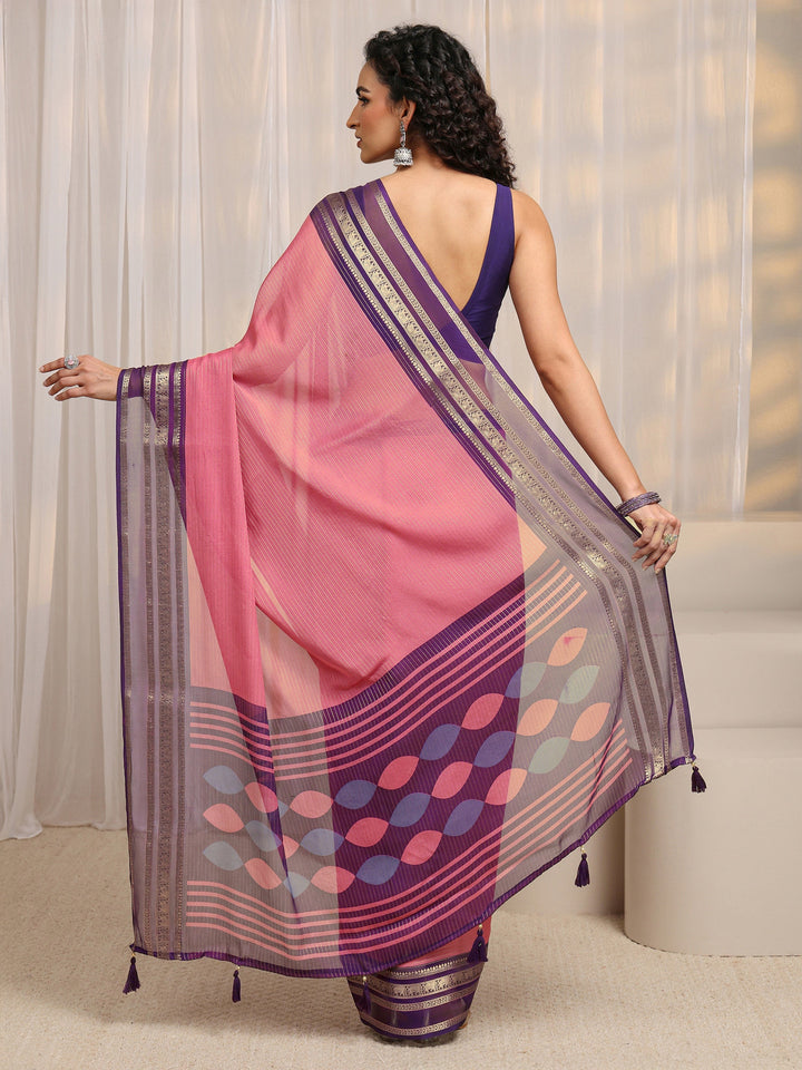 Pink Printed Silk Blend Saree 
With Unstitched Blouse Piece