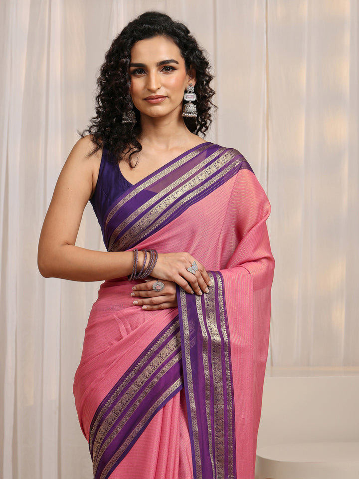 Pink Printed Silk Blend Saree 
With Unstitched Blouse Piece