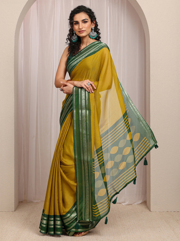 Mustard Printed Silk Blend Saree 
With Unstitched Blouse Piece