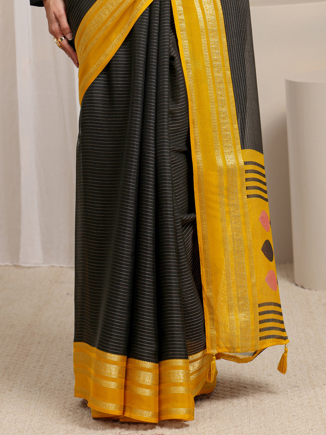Black Printed Silk Blend Saree 
With Unstitched Blouse Piece