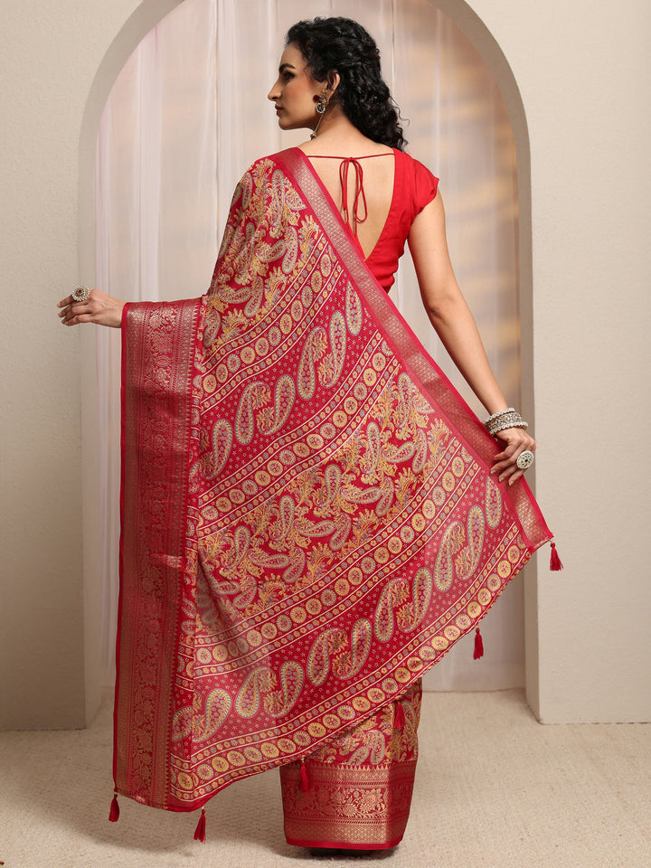 Red Paisley Printed Silk Blend Saree 
With Unstitched Blouse Piece