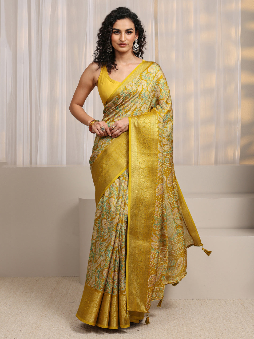 Mustard Paisley Printed Silk Blend Saree 
With Unstitched Blouse Piece