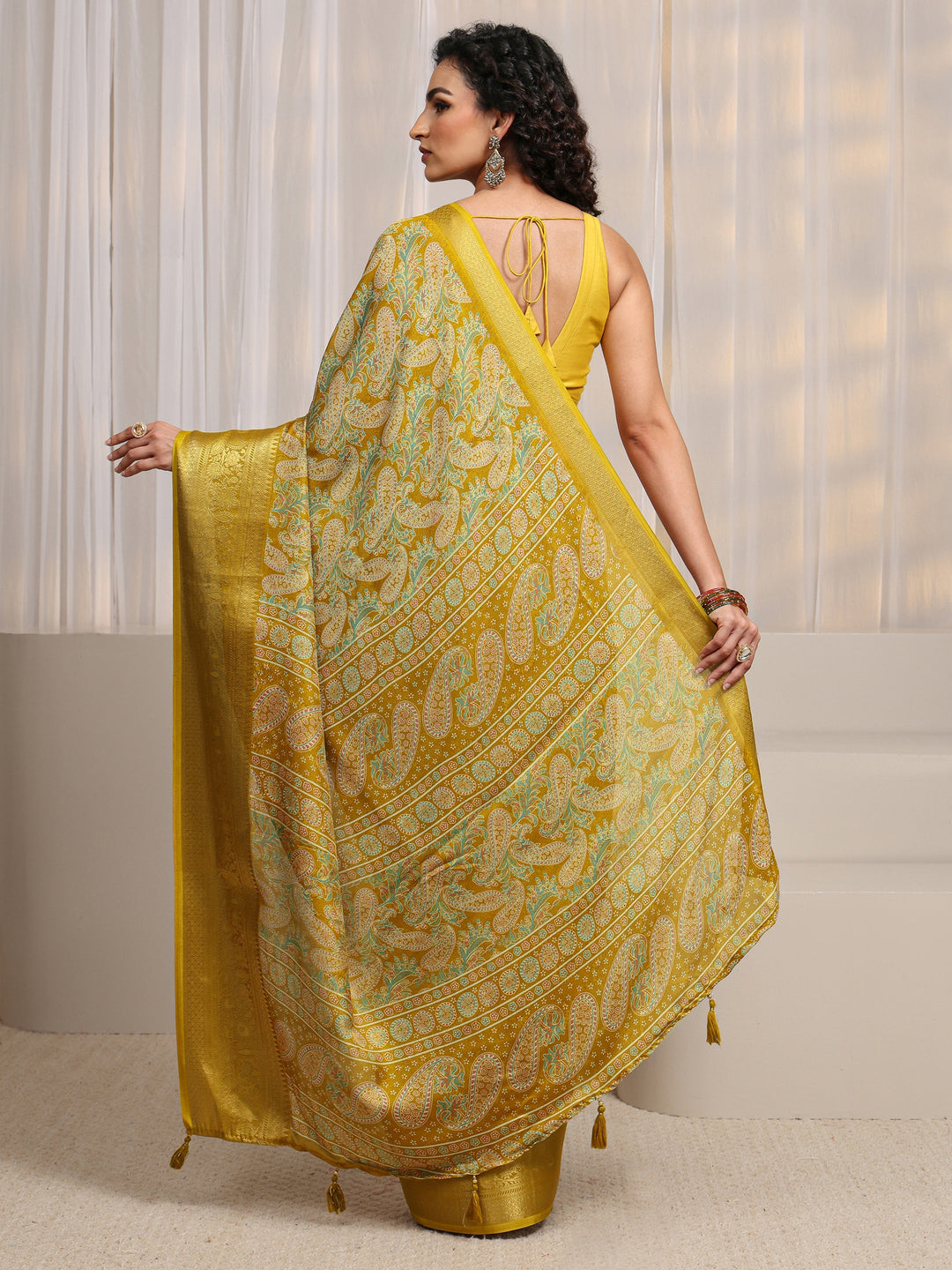 Mustard Paisley Printed Silk Blend Saree 
With Unstitched Blouse Piece