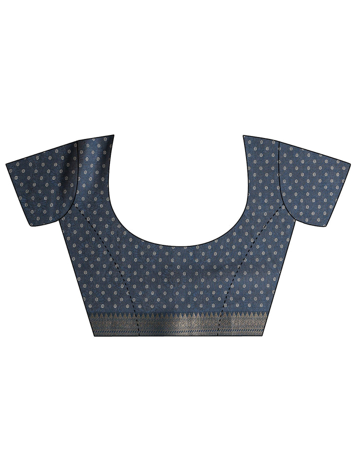 Navy Blue Paisley Printed Silk Blend Saree With Unstitched Blouse Piece