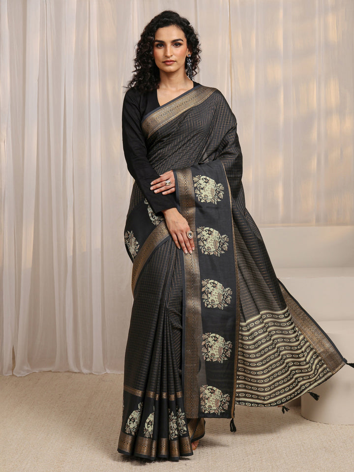 Black Ethnic Motif Woven Design Silk Blend Saree 
With Unstitched Blouse Piece