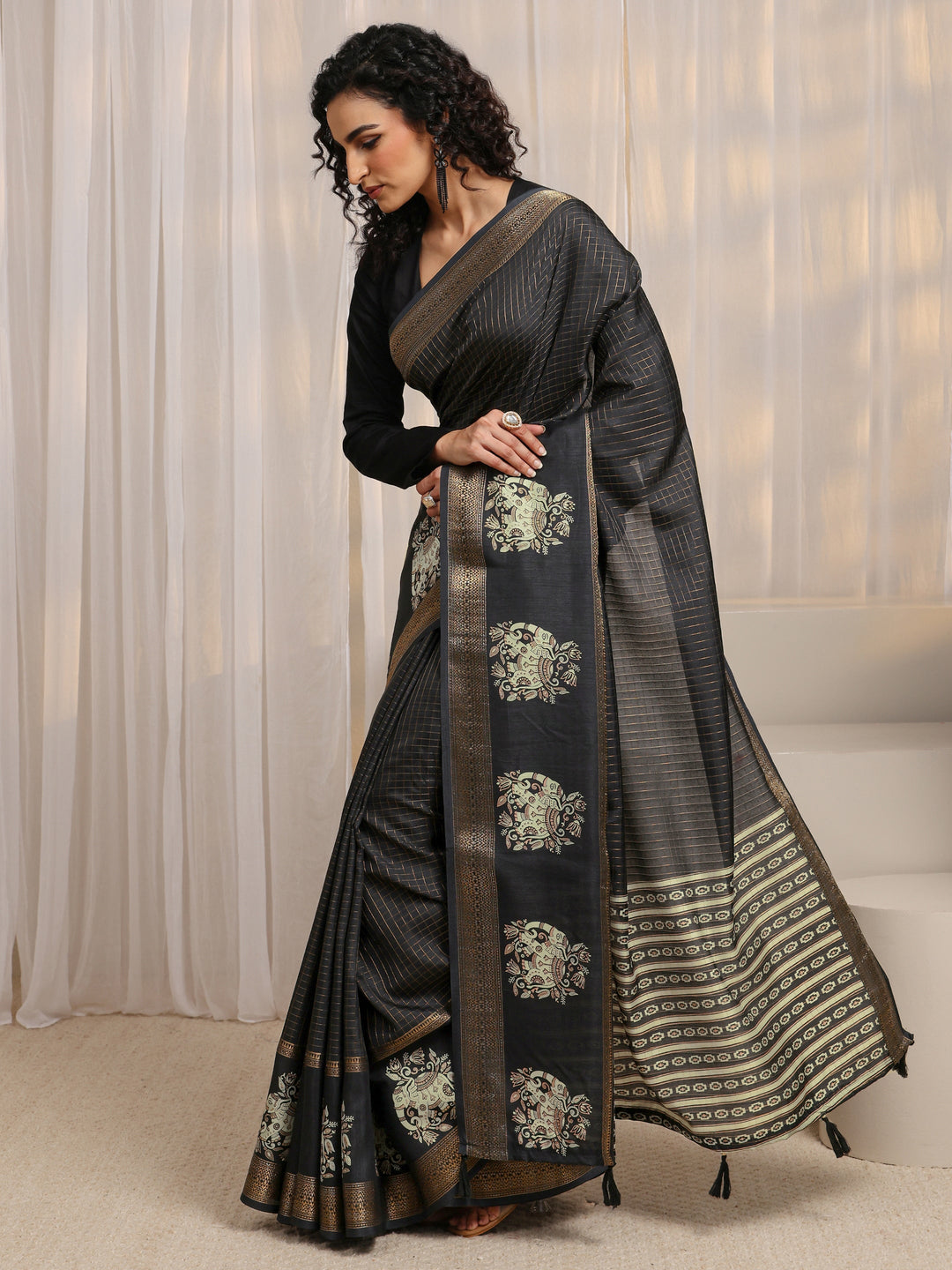 Black Ethnic Motif Woven Design Silk Blend Saree 
With Unstitched Blouse Piece