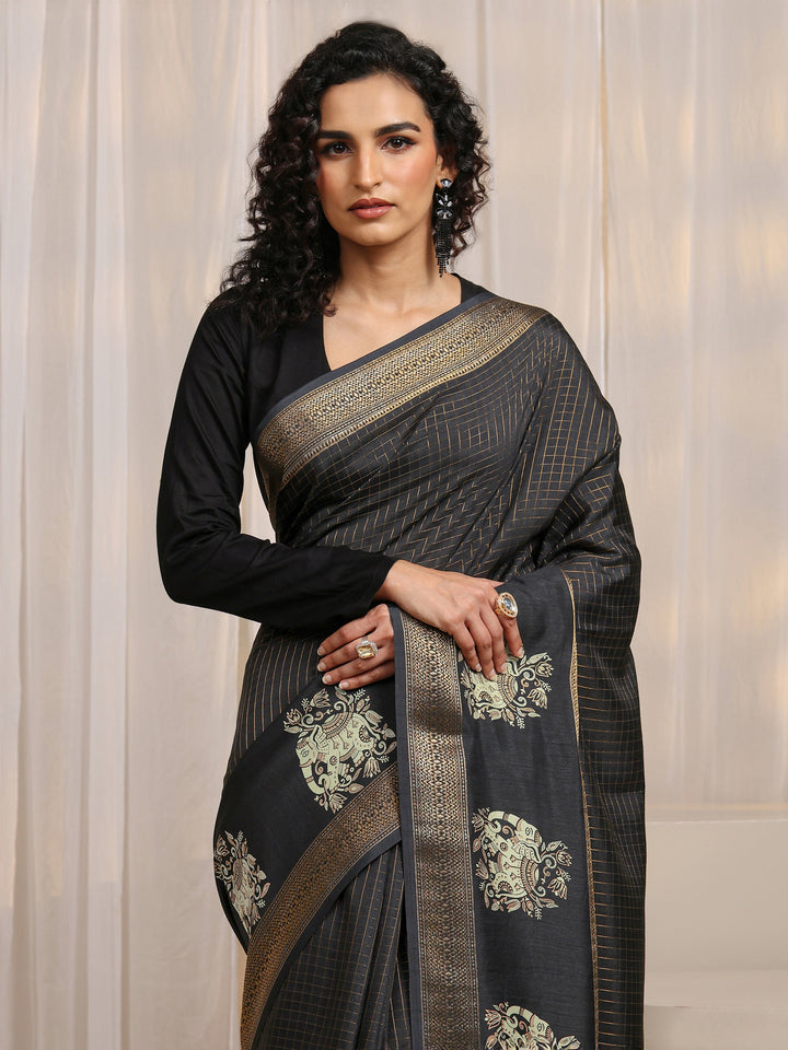 Black Ethnic Motif Woven Design Silk Blend Saree 
With Unstitched Blouse Piece