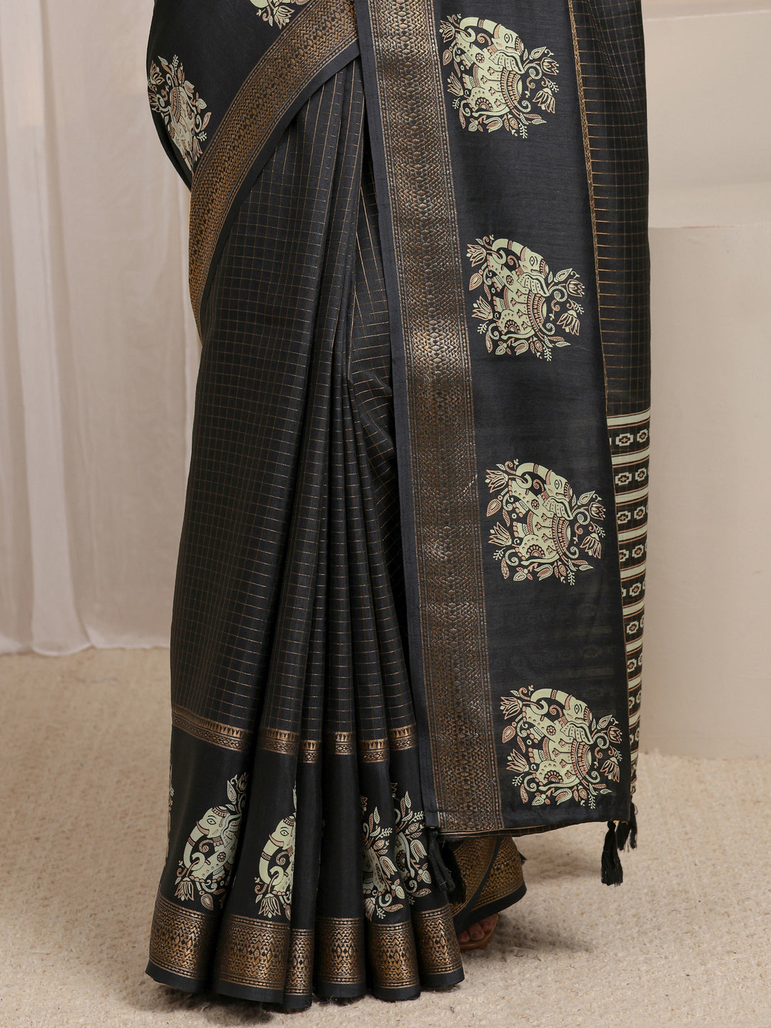 Black Ethnic Motif Woven Design Silk Blend Saree 
With Unstitched Blouse Piece