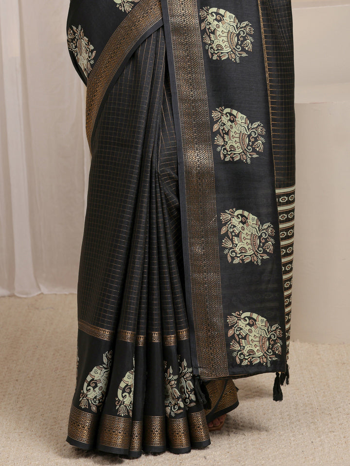 Black Ethnic Motif Woven Design Silk Blend Saree 
With Unstitched Blouse Piece