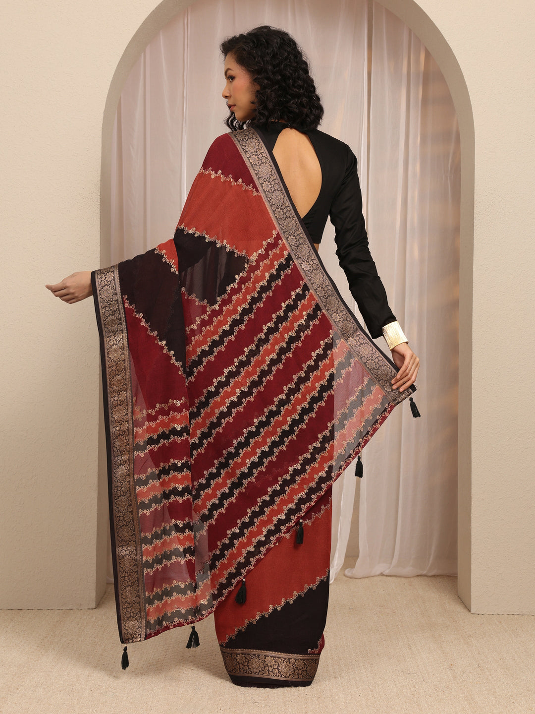 Multi Floral Woven Design Silk Blend Saree With Unstitched Blouse Piece