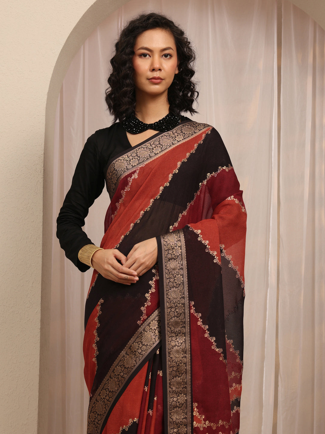 Multi Floral Woven Design Silk Blend Saree With Unstitched Blouse Piece