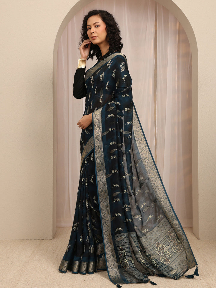 Navy Blue Floral Printed Silk Blend Saree With Unstitched Blouse Piece