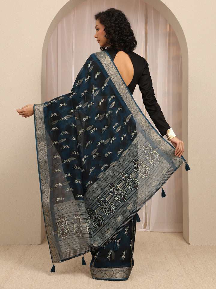Navy Blue Floral Printed Silk Blend Saree With Unstitched Blouse Piece