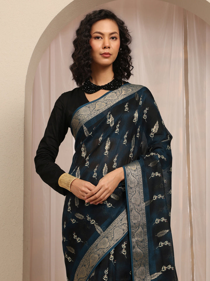 Navy Blue Floral Printed Silk Blend Saree With Unstitched Blouse Piece