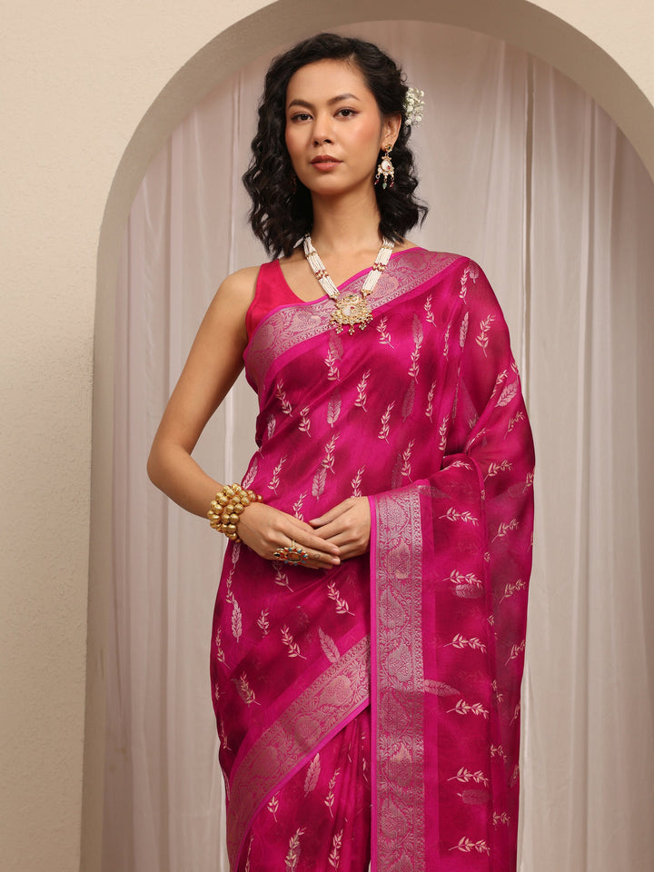 Pink Floral Printed Silk Blend Saree With Unstitched Blouse Piece