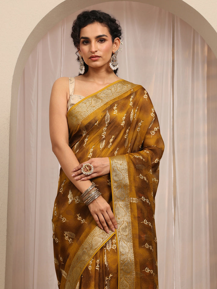 Mustard Floral Printed Silk Blend Saree With Unstitched Blouse Piece