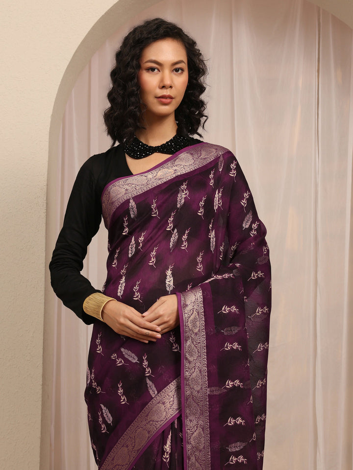 Burgundy Floral Printed Silk Blend Saree With Unstitched Blouse Piece