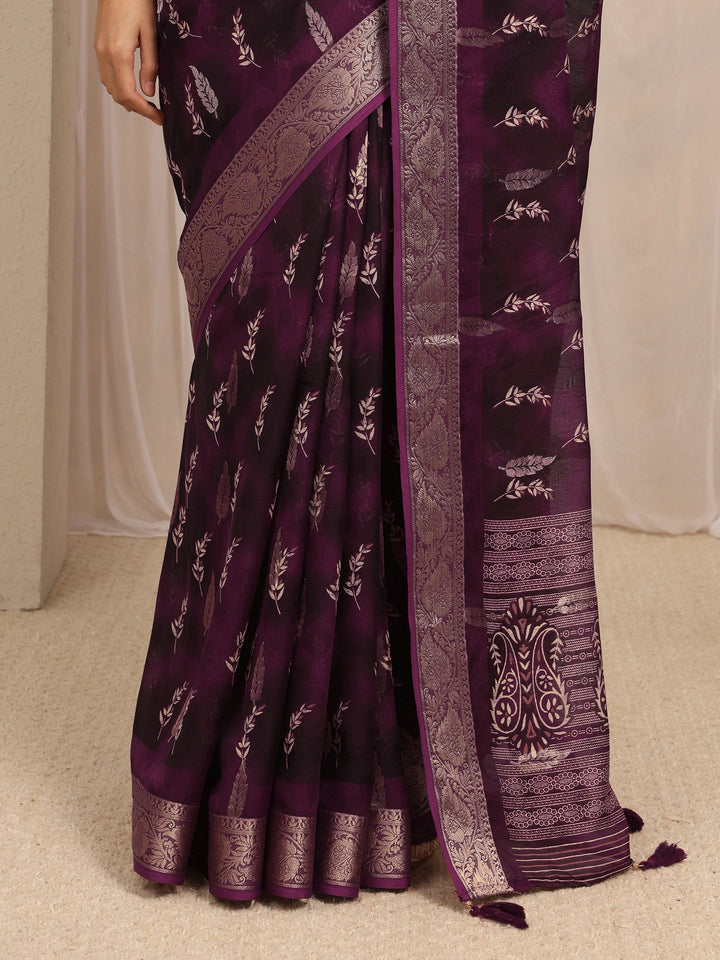 Burgundy Floral Printed Silk Blend Saree With Unstitched Blouse Piece