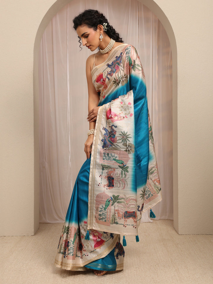 Blue Printed Silk Blend Saree With Unstitched Blouse Piece