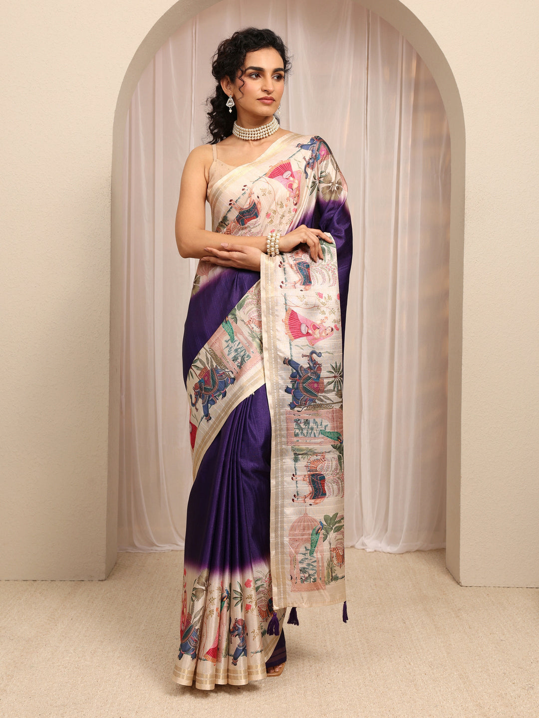 Purple Printed Silk Blend Saree With Unstitched Blouse Piece