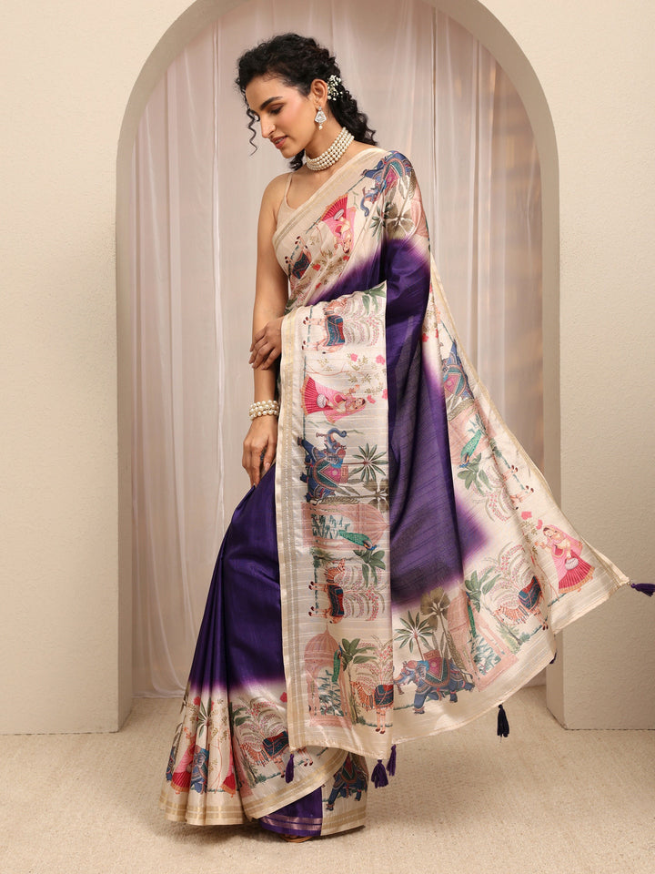 Purple Printed Silk Blend Saree With Unstitched Blouse Piece