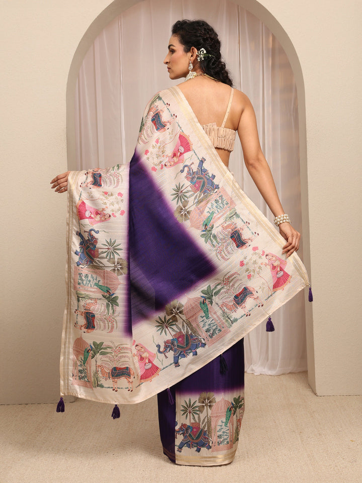 Purple Printed Silk Blend Saree With Unstitched Blouse Piece