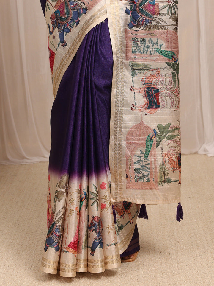 Purple Printed Silk Blend Saree With Unstitched Blouse Piece