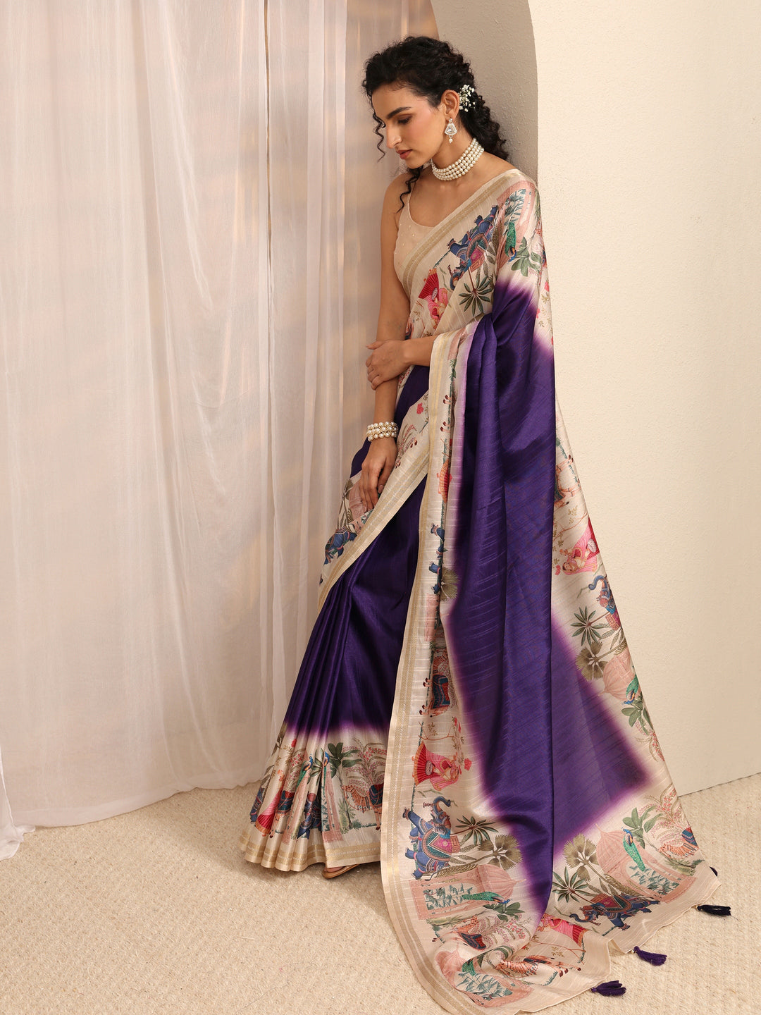 Purple Printed Silk Blend Saree With Unstitched Blouse Piece