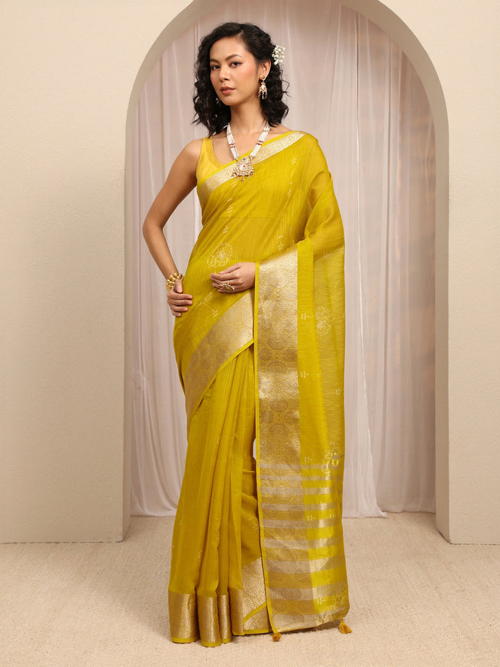 Lime Green Floral Woven Design Silk Blend Saree With Unstitched Blouse Piece