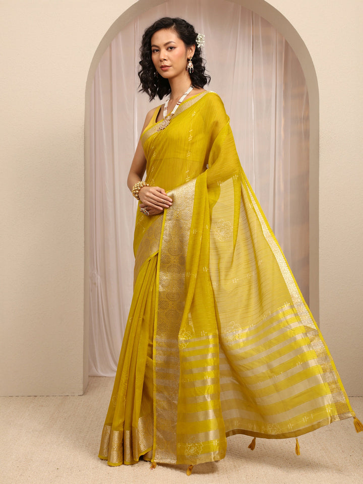 Lime Green Floral Woven Design Silk Blend Saree With Unstitched Blouse Piece