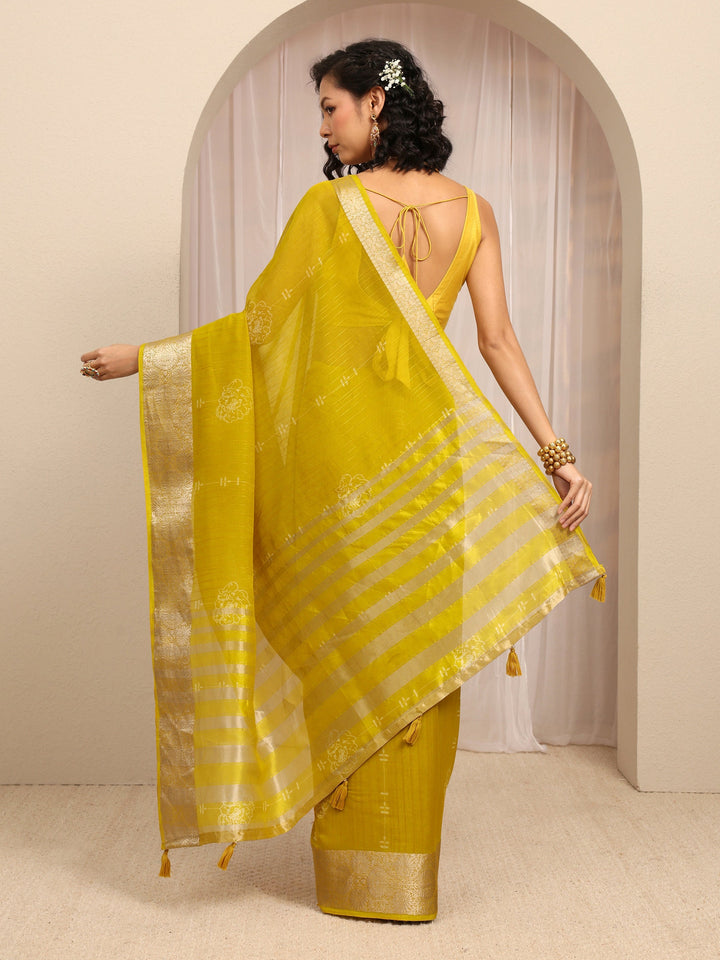 Lime Green Floral Woven Design Silk Blend Saree With Unstitched Blouse Piece