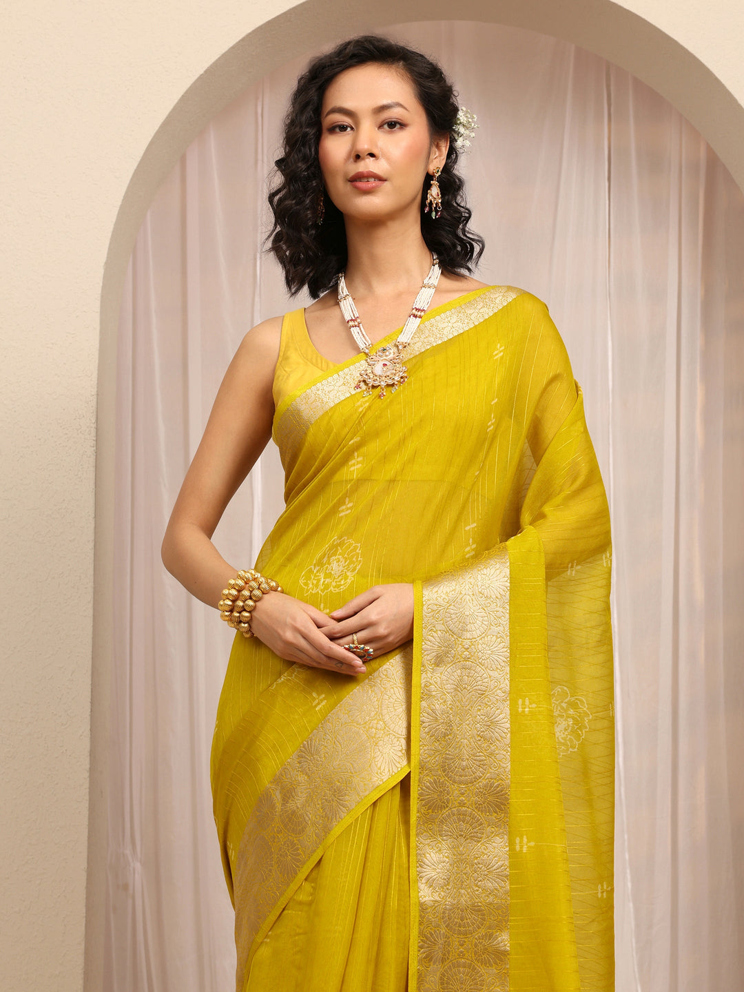 Lime Green Floral Woven Design Silk Blend Saree With Unstitched Blouse Piece