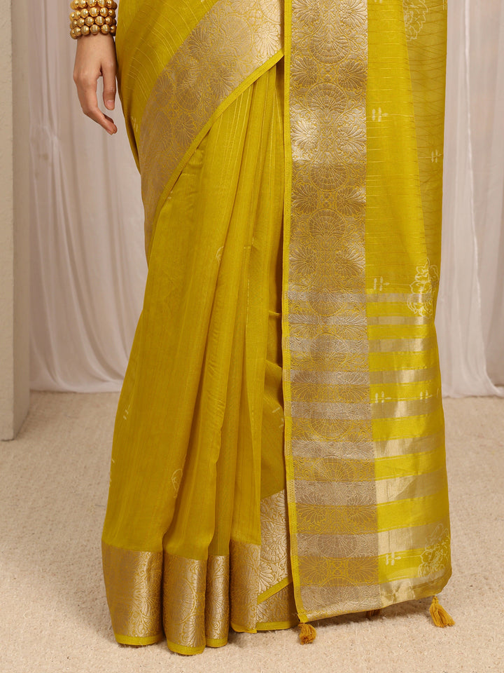 Lime Green Floral Woven Design Silk Blend Saree With Unstitched Blouse Piece