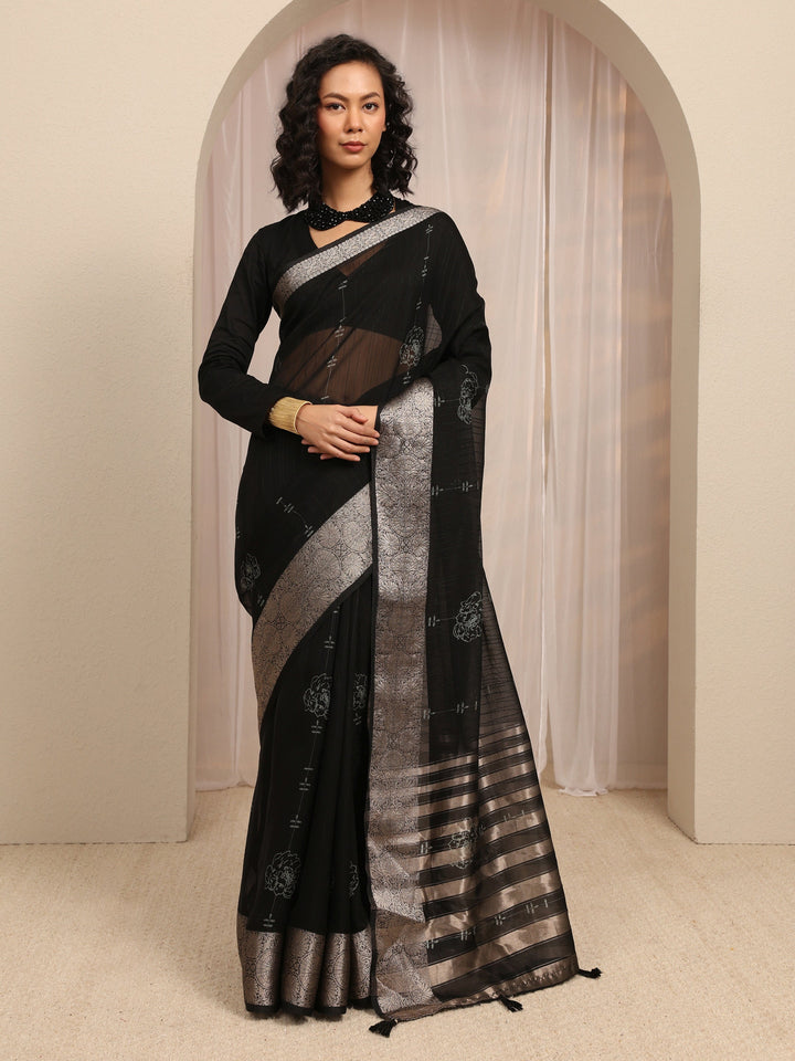 Black Floral Woven Design Silk Blend Saree With Unstitched Blouse Piece