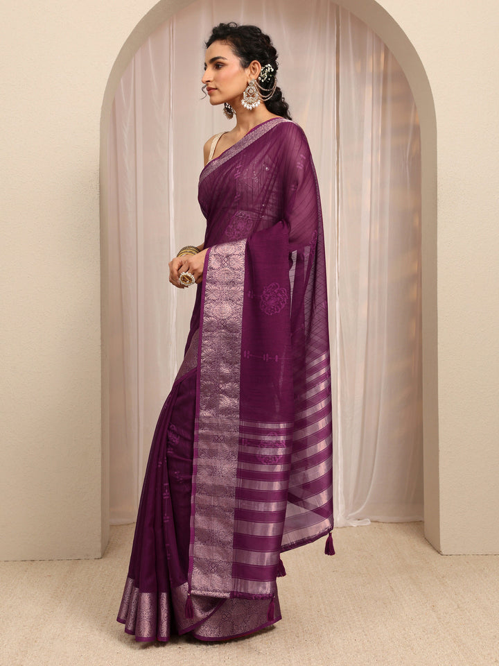 Burgundy Floral Woven Design Silk Blend Saree With Unstitched Blouse Piece