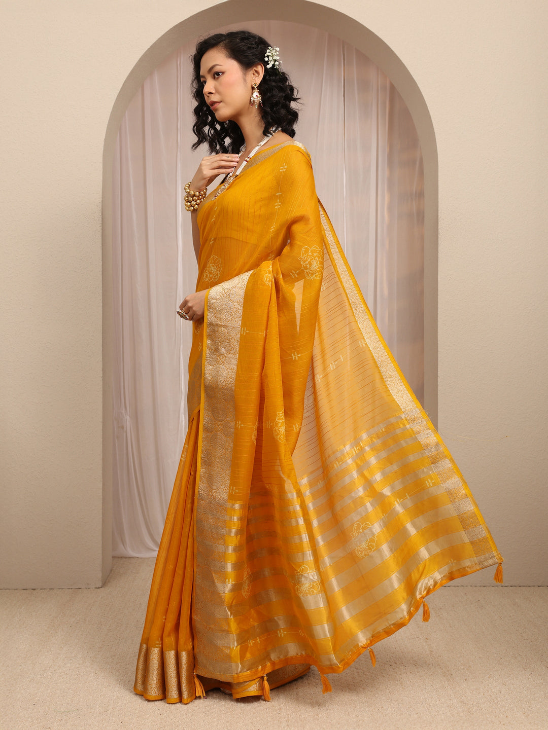 Mustard Floral Woven Design Silk Blend Saree With Unstitched Blouse Piece