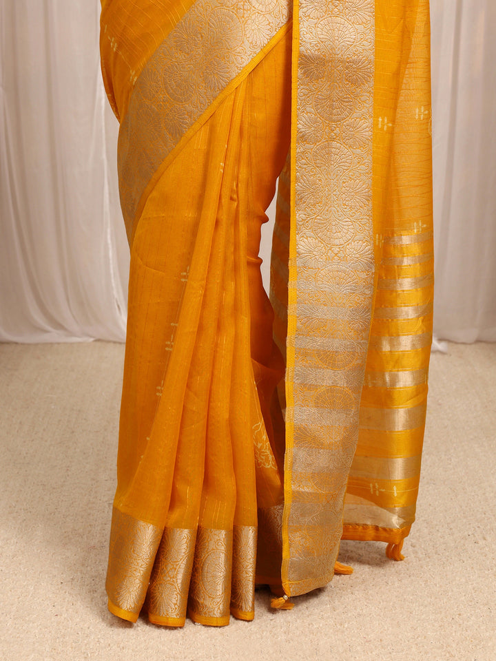 Mustard Floral Woven Design Silk Blend Saree With Unstitched Blouse Piece