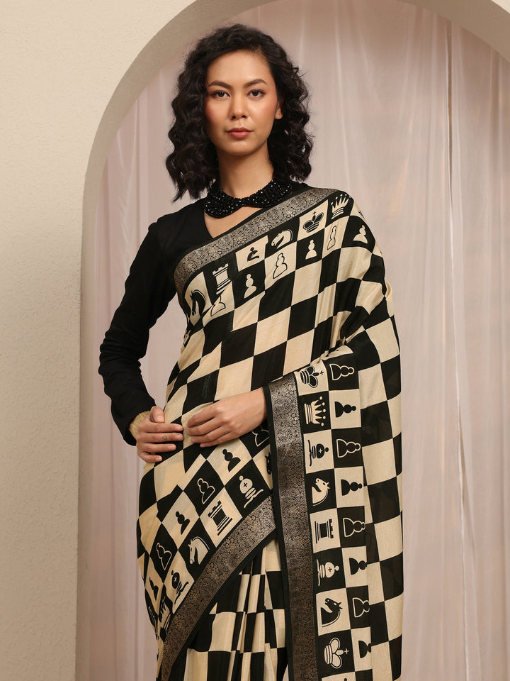 Black Geometric Printed Silk Blend Saree With Unstitched Blouse Piece