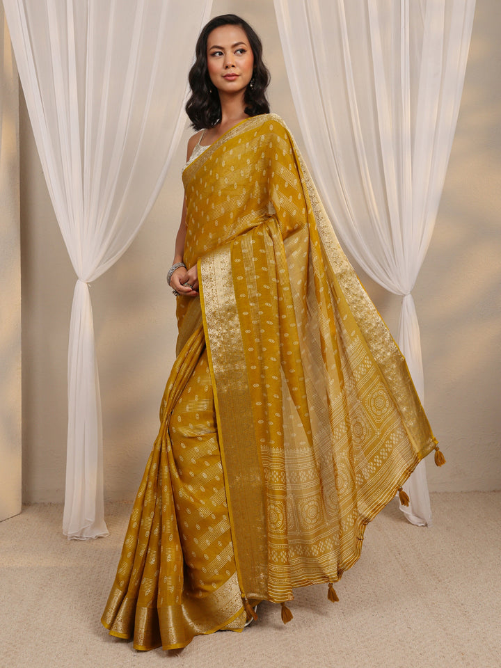 Mustard Woven Design Silk Blend Saree With Unstitched Blouse Piece