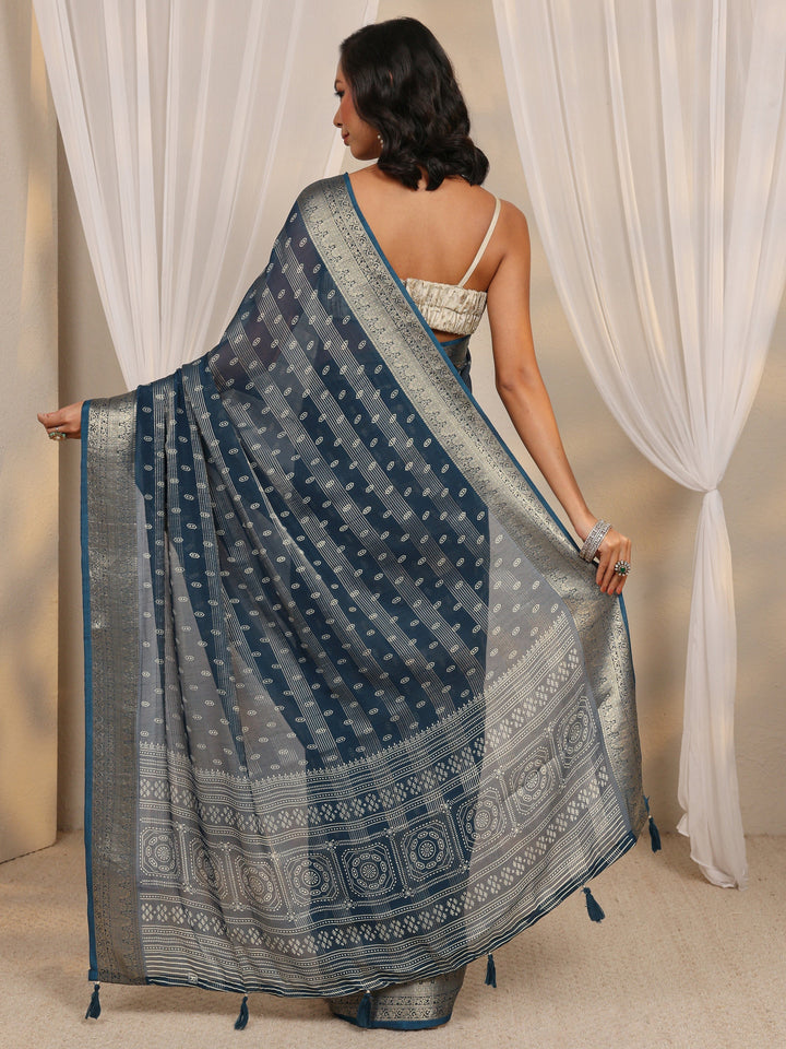 Navy Blue Woven Design Silk Blend Saree With Unstitched Blouse Piece