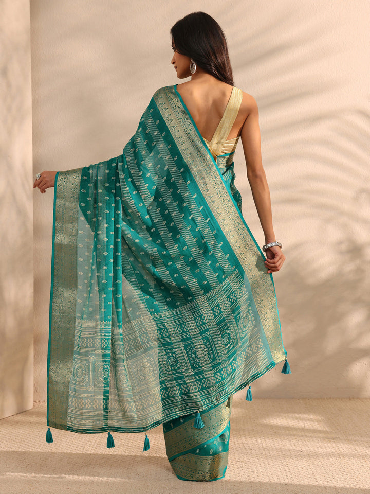 Green Ethnic Woven Silk Blend Saree 
With Unstitched Blouse Piece
